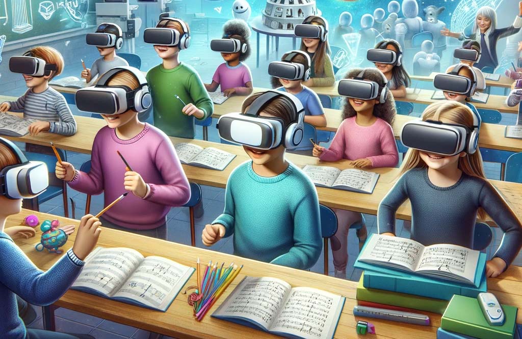 An image depicting a group of children wearing VR headsets in a classroom setting. They are surrounded by virtual objects